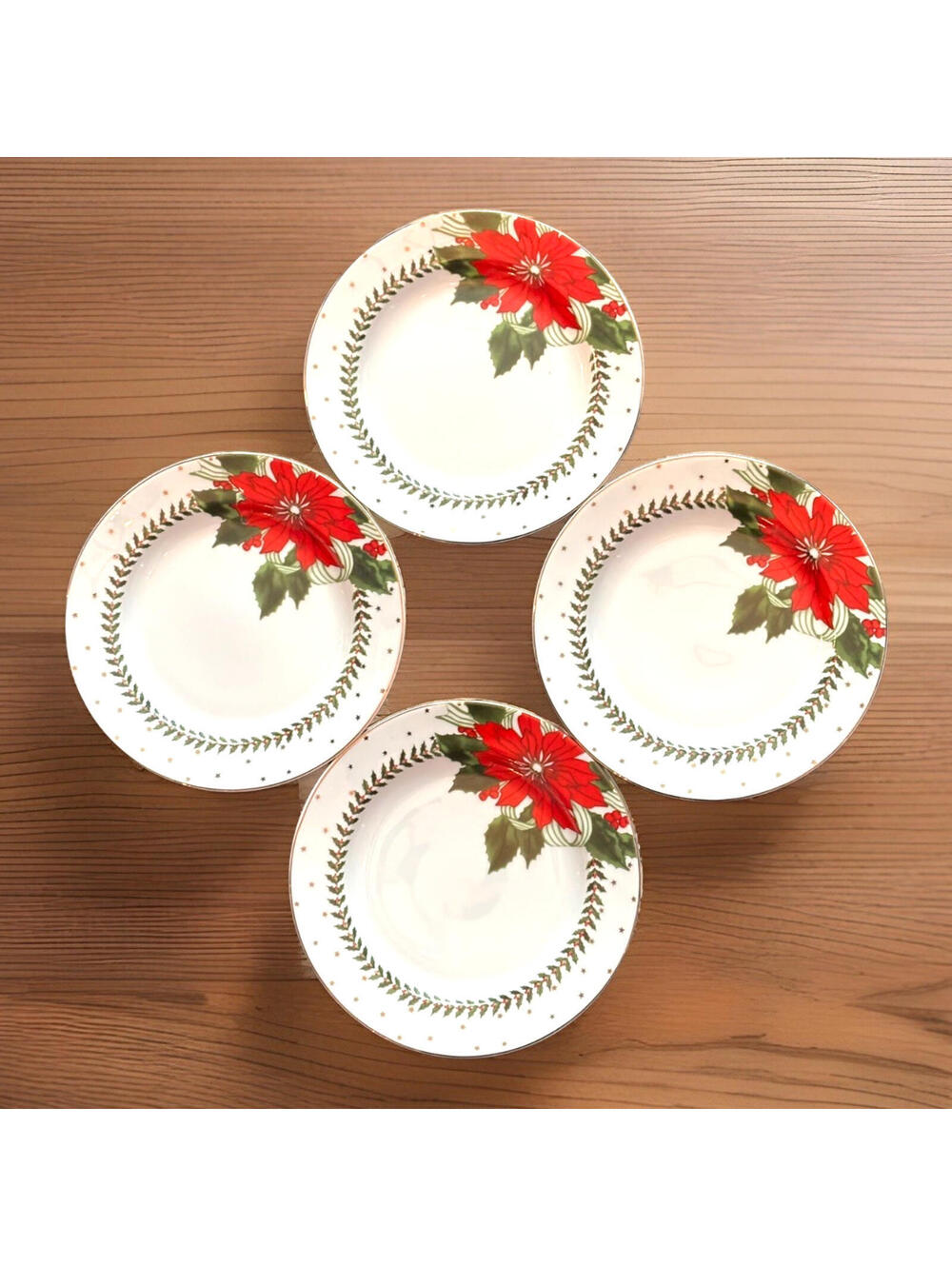 4 VTG American Atelier Christmas Dinner Plates Poinsettias Suzanne Evans 10.5”